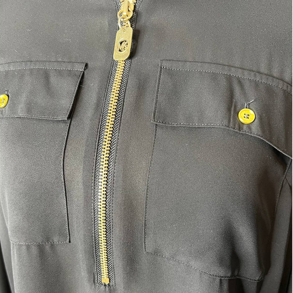 Michael Kors Blouse in Sheer Black Material Roll Tab Sleeves Front Zipper Size M - Picture 2 of 6